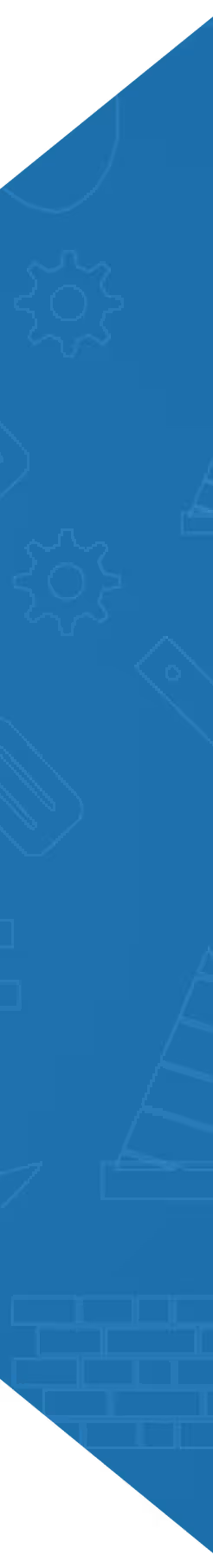 Blue sidebar with line art of tools, gears, a ruler, and bricks